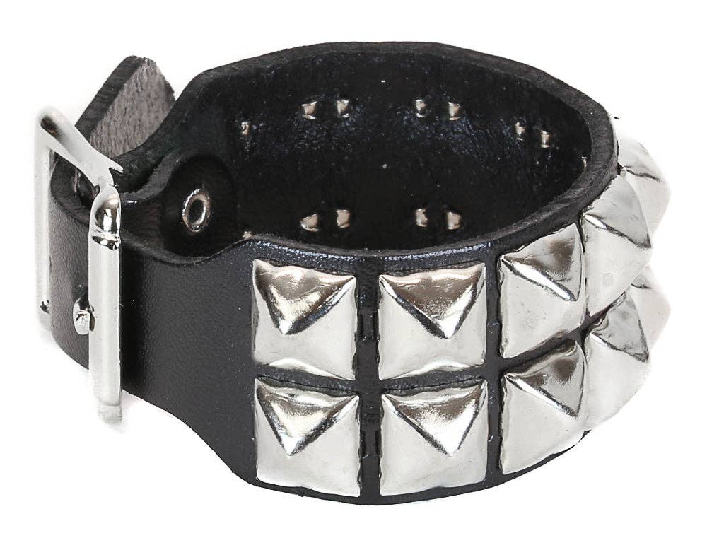 REAL LEATHER BUCKLE BRACELET WITH 2 ROW 1/2" PYRAMIDS