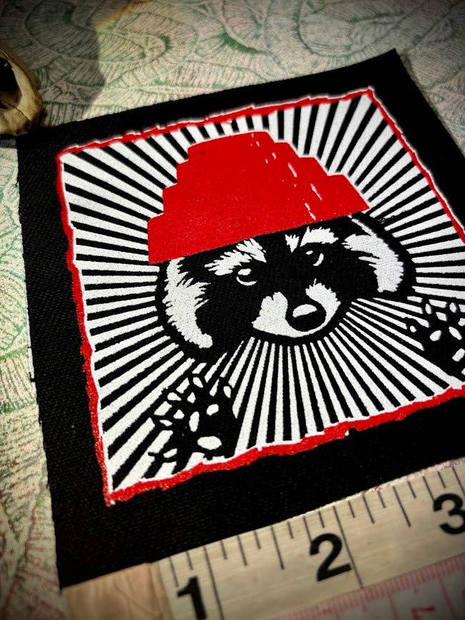 Are We not Trashy? Raccoon with a Devo hat patch.