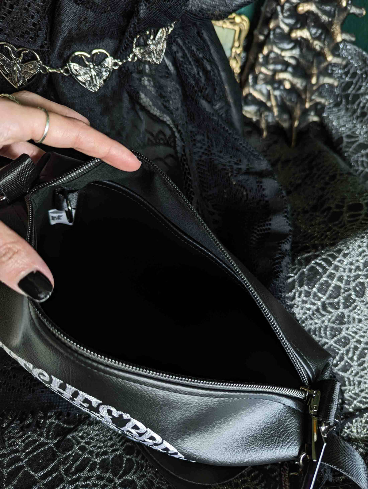 Witches Brew Coffee Black Medium Crossbody Bag - Gunmetal Hardware, Embroidered Purse, Vegan Leather