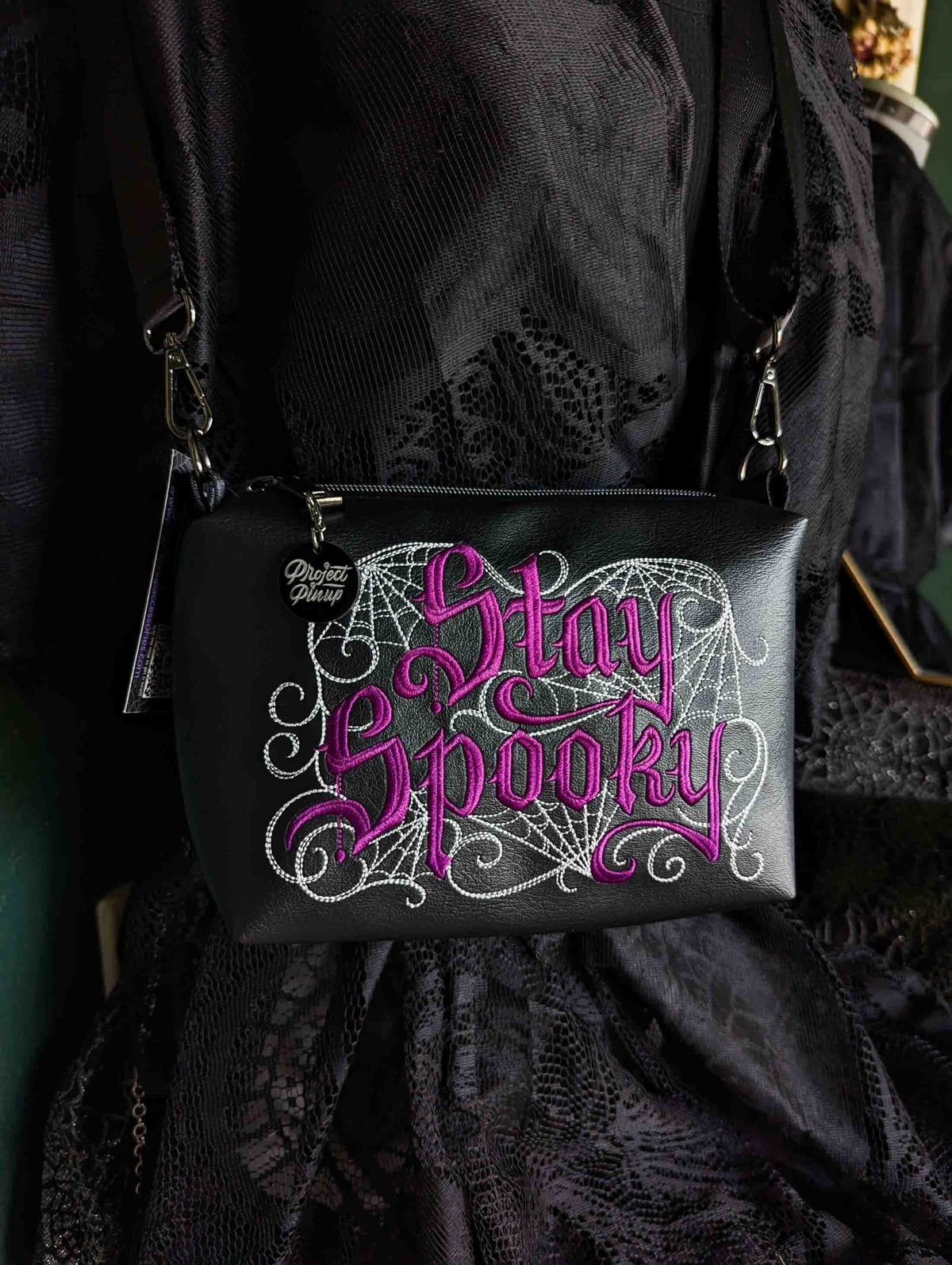 Black and Wine Stay Spooky Embroidered Small Crossbody Bag – Handmade, Vegan Leather, Gunmetal Hardware