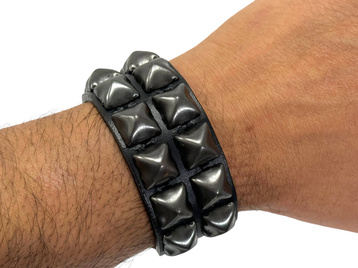 REAL LEATHER BUCKLE BRACELET WITH 2 ROW 1/2" PYRAMIDS
