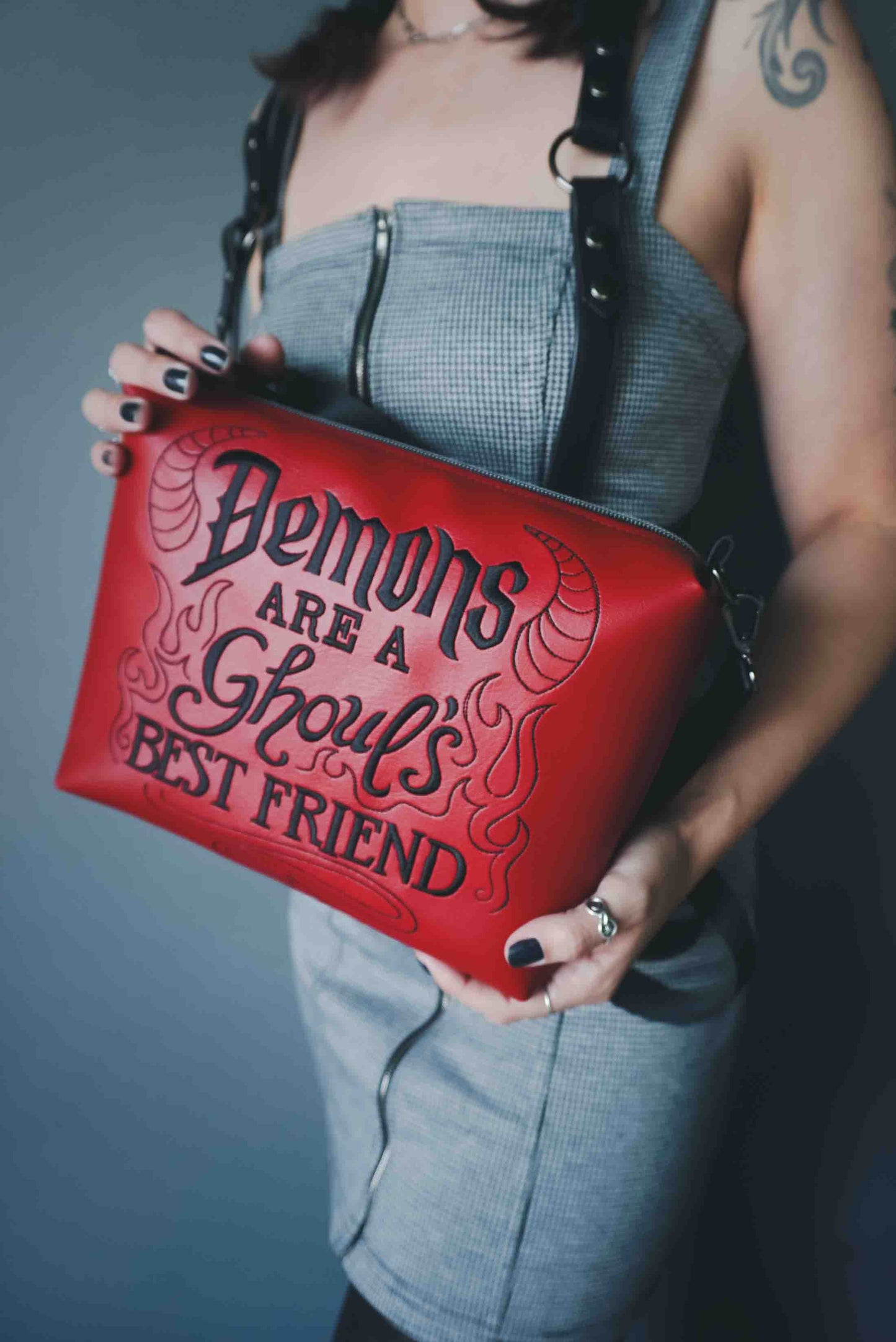 Demons are a Ghoul's Best Friend Red Medium Crossbody Bag- Vegan Leather, Detailed Embroidery, Gunmetal Hardware