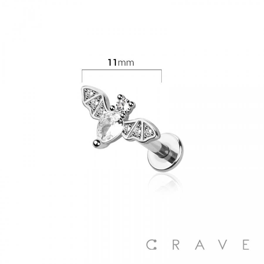 BAT WITH GEM INTERNALLY THREADED 316L SURGICAL STEEL LABRET