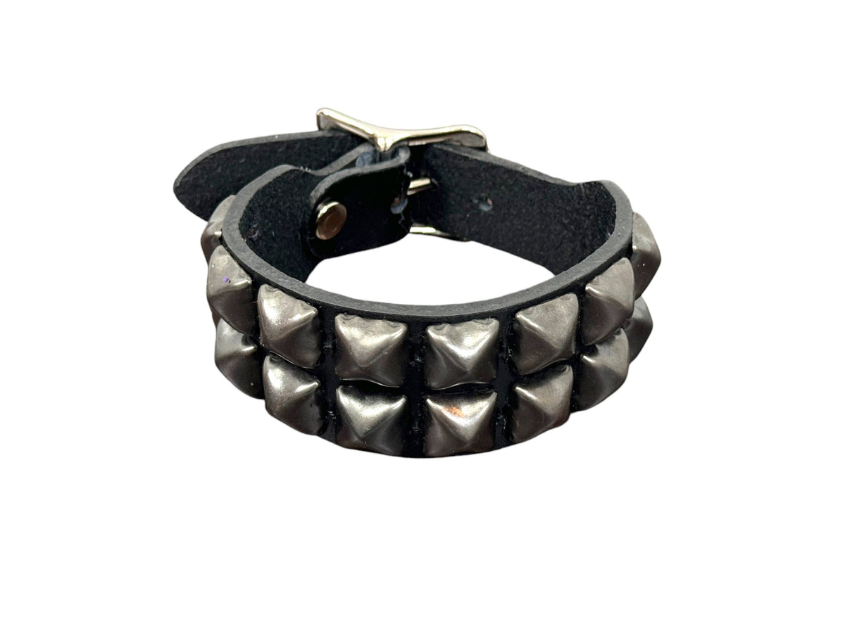 REAL LEATHER BUCKLE BRACELET WITH 2 ROW 1/2" PYRAMIDS