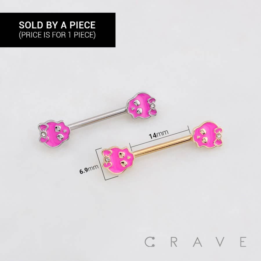 Pink Skull & Bow Nipple Barbell – 14G Surgical Steel