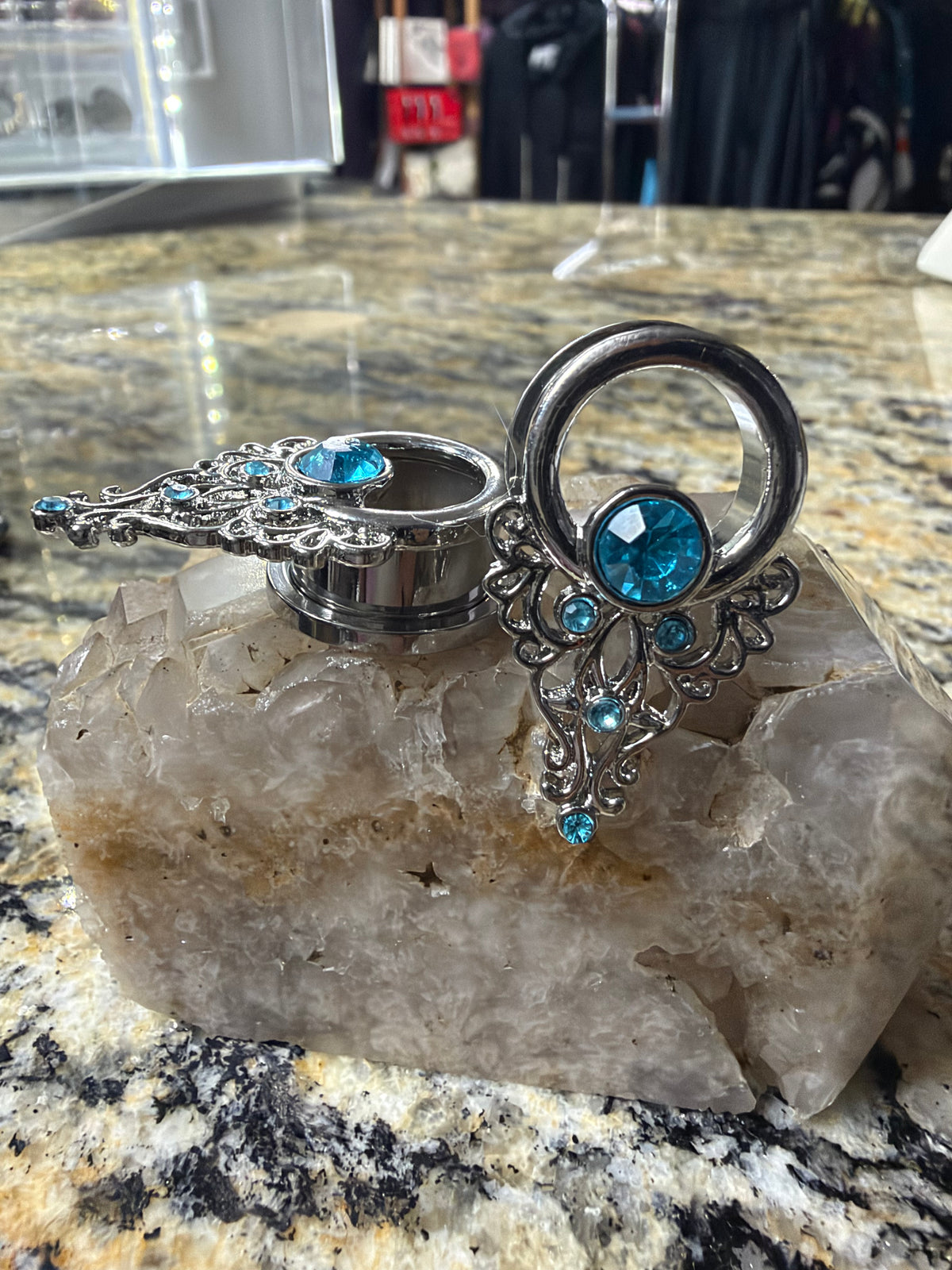 Silver Gothic Filigree Ear Tunnels with Blue Rhinestones