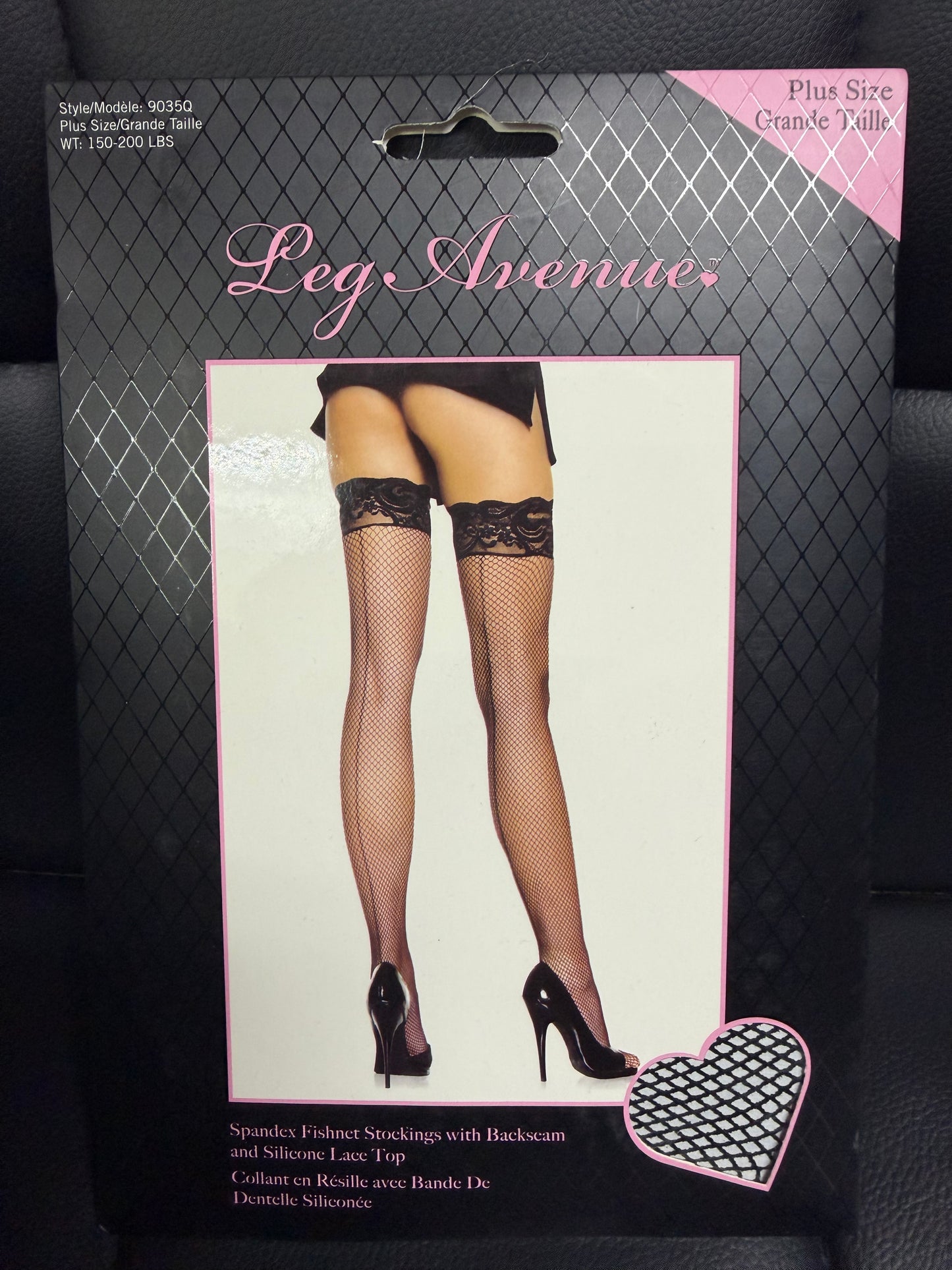Leg Avenue- Spandex Fishnet Stockings w/Backseam & Silicone Lace Top-Black