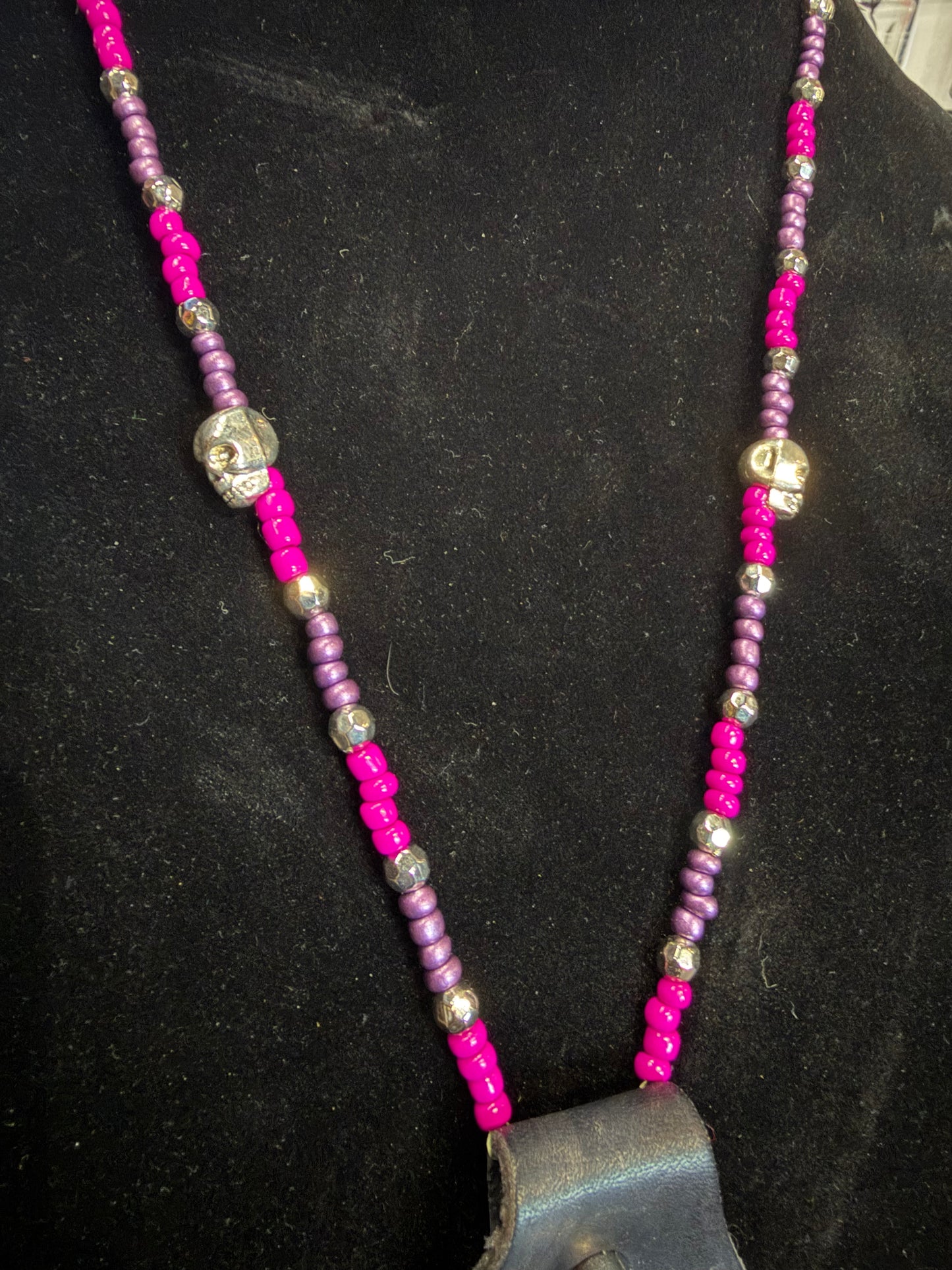 Handmade Pink/Purple Beaded Leather Spike Raven Skull Necklace- Shane#10
