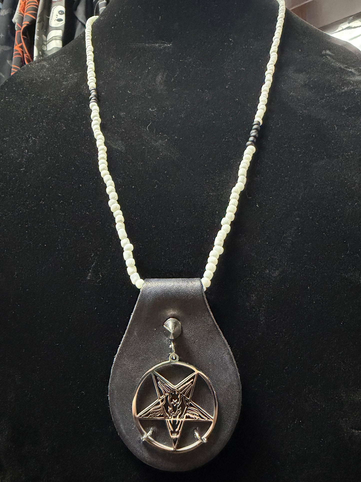 Handmade Beaded/Blue Leather Baphomet Necklace- Shane#15