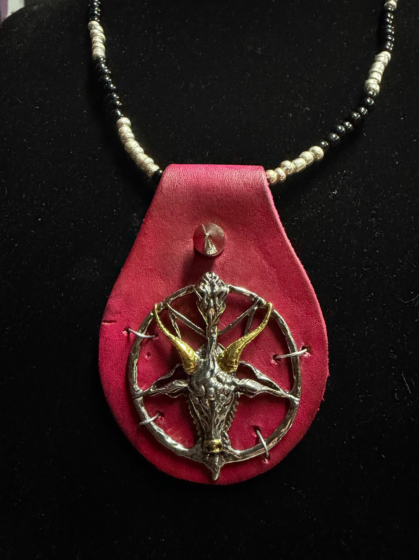 Handmade Silver/Black Beaded- Burgundy Leather- Baphomet Necklace- Shane#15