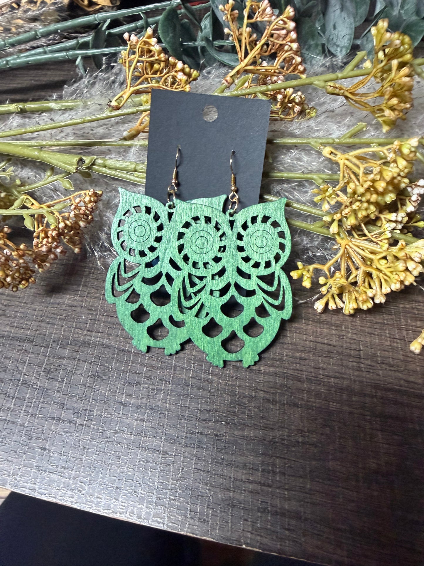 Green Wooden Owl Earrings