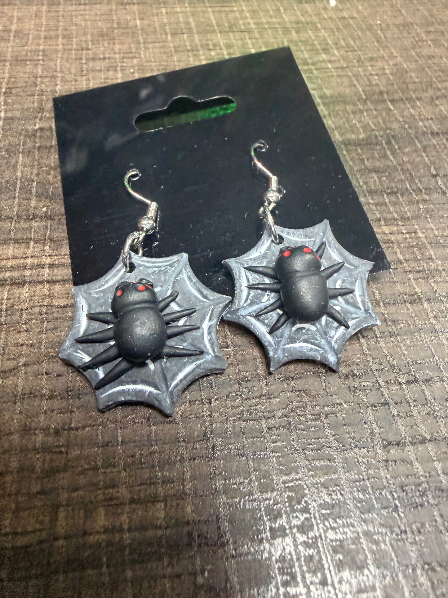 Handmade- Hand Sculpted, Hand-Painted Spider on Web Clay Earrings- WTFCharms #10