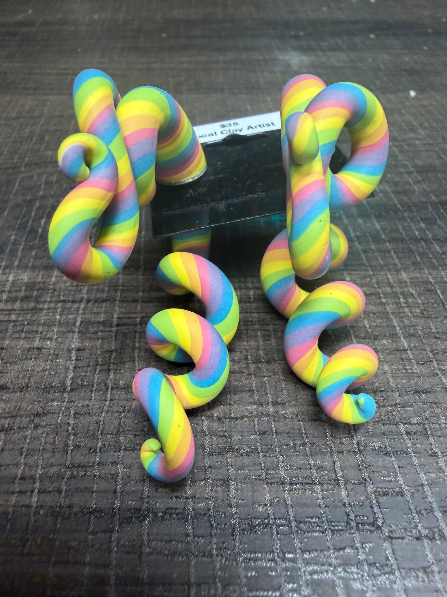Handmade- Hand Sculpted, Hand-Painted Twisted Rainbow Tentacle Earrings- WTFCharms #1750