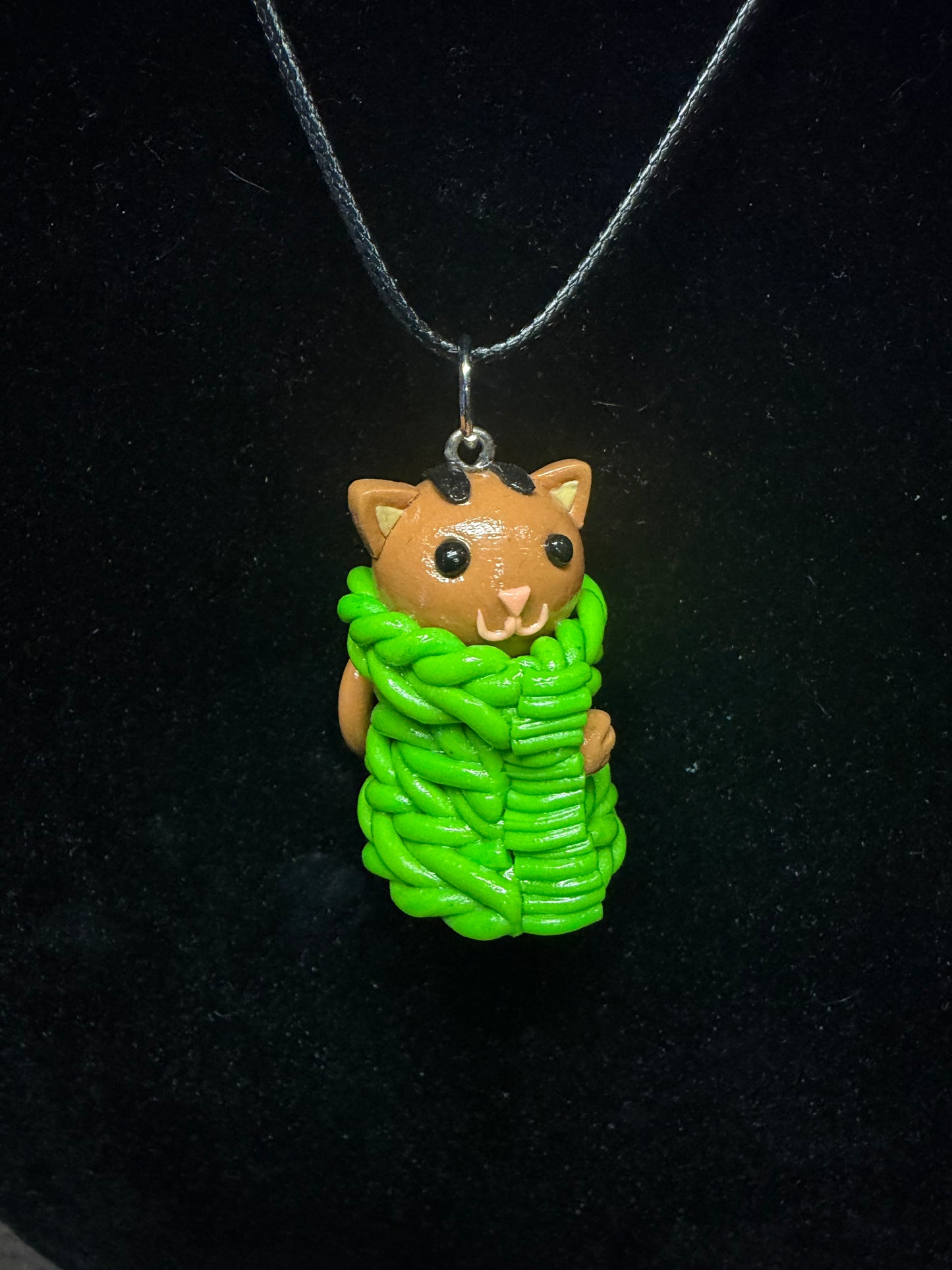 Handmade- Hand Sculpted, Hand-Painted Cat Wrapped in a Green Blanket- Necklace- WTFCharms #10