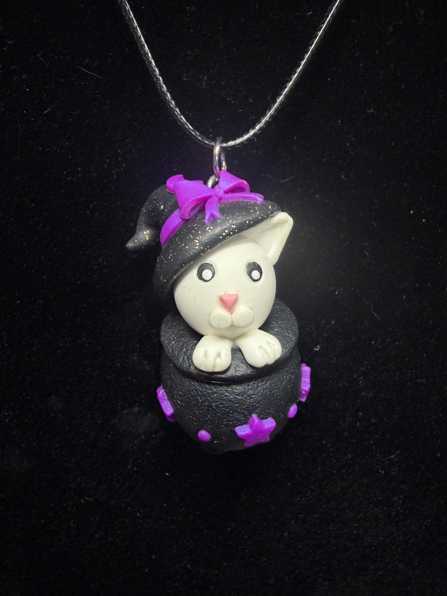 Handmade- Hand Sculpted, Hand-Painted Purple Cat in a Cauldron Necklace- WTFCharms #10