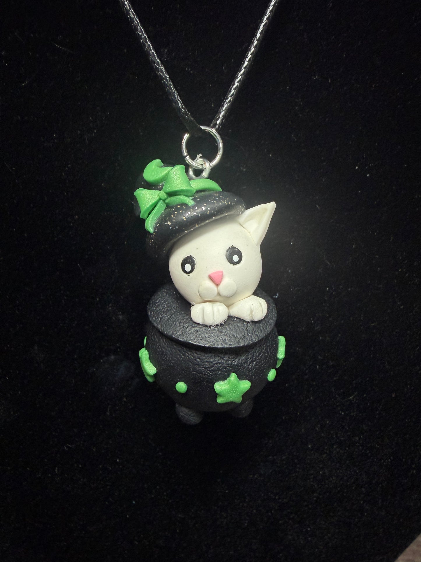 Handmade- Hand Sculpted, Hand-Painted Green Cat in a Cauldron Necklace- WTFCharms #10