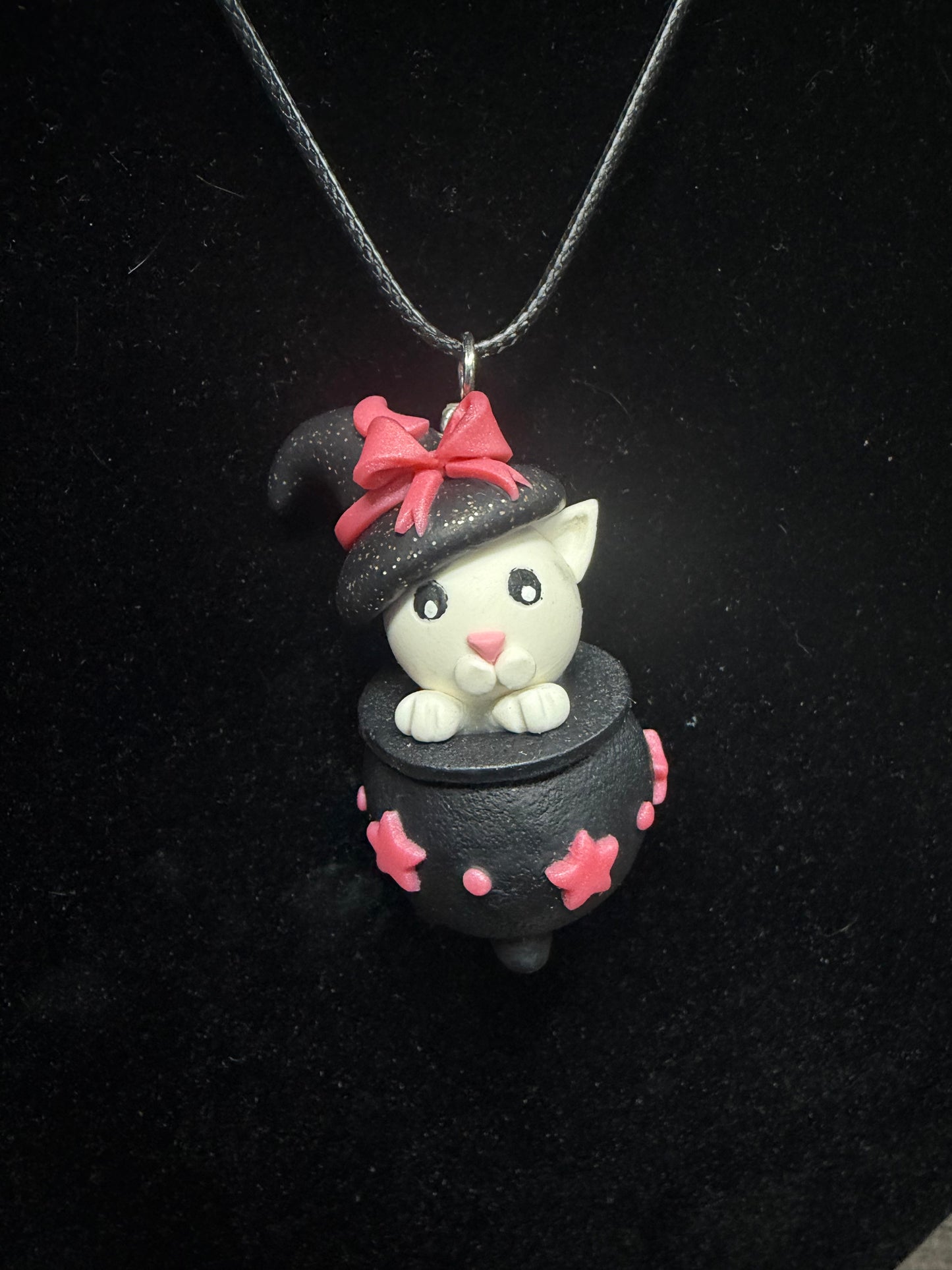 Handmade- Hand Sculpted, Hand-Painted Pink Cat in a Cauldron Necklace- WTFCharms #10