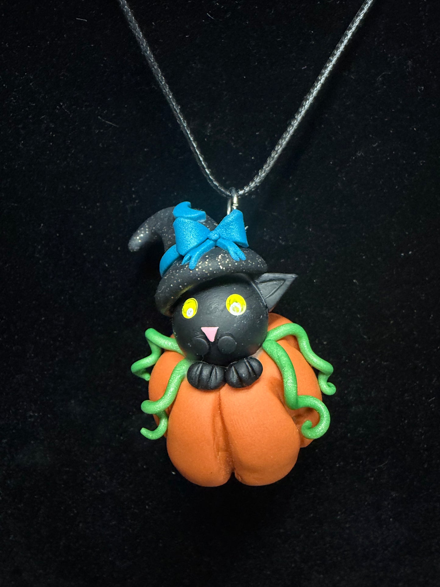 Handmade- Hand Sculpted, Hand-Painted Blue Bow Cat in a Pumpkin-Necklace- WTFCharms #10