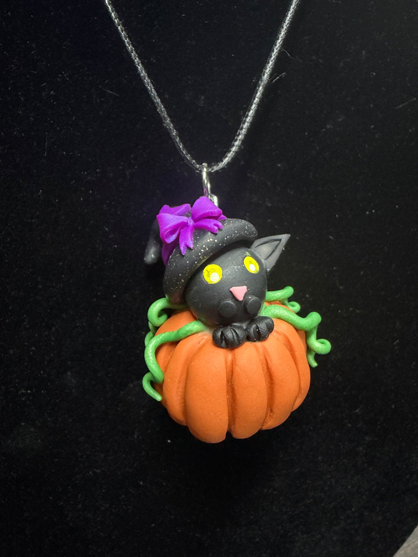 Handmade- Hand Sculpted, Hand-Painted Purple Bow Cat in a Pumpkin-Necklace- WTFCharms #10