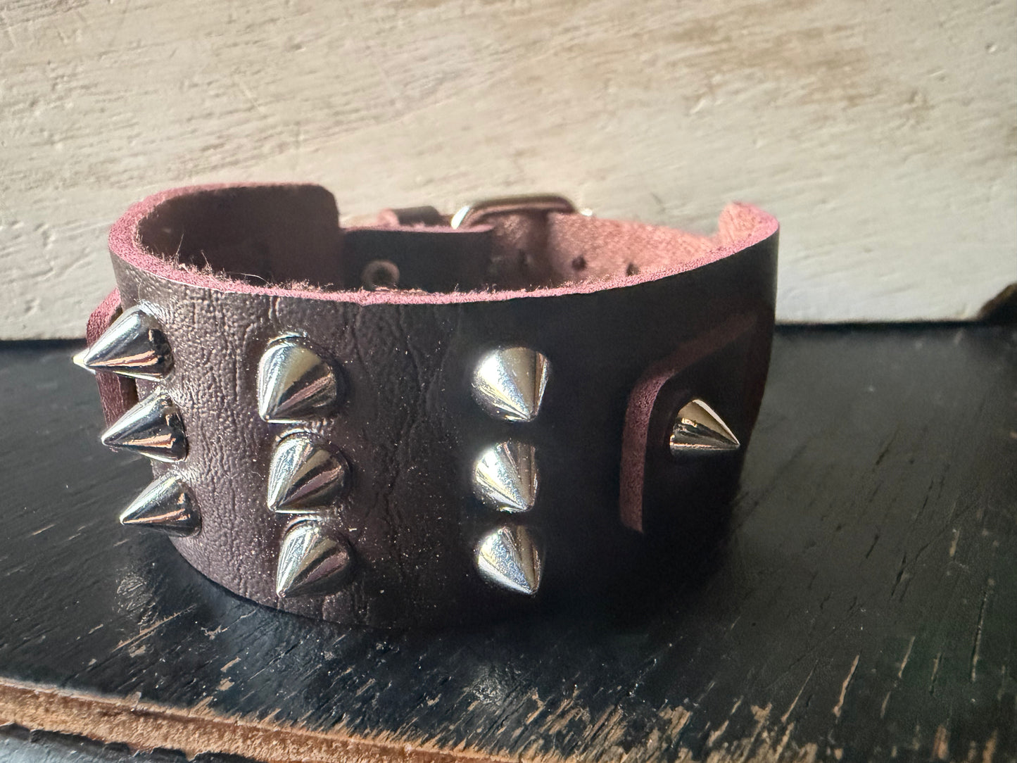 Brown 3 Row Spiked Buckle Bracelet