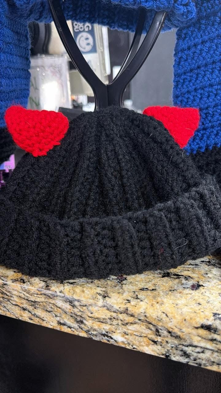 Local Artist- Crochet Baby Beanie with Horns- Red/Black- Lorisa#125