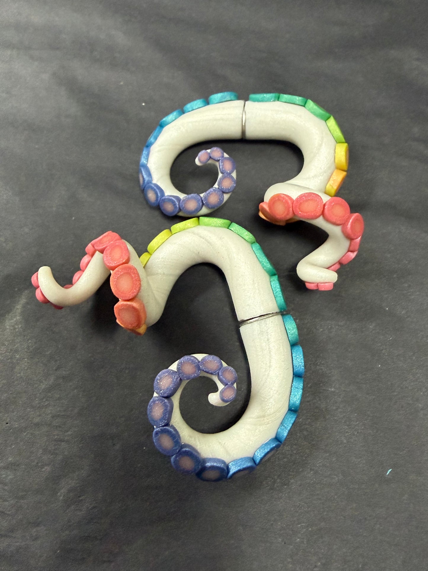 Handmade- Hand Sculpted, Hand-Painted Twisted White Rainbow Tentacle Earrings- WTFCharms #1750