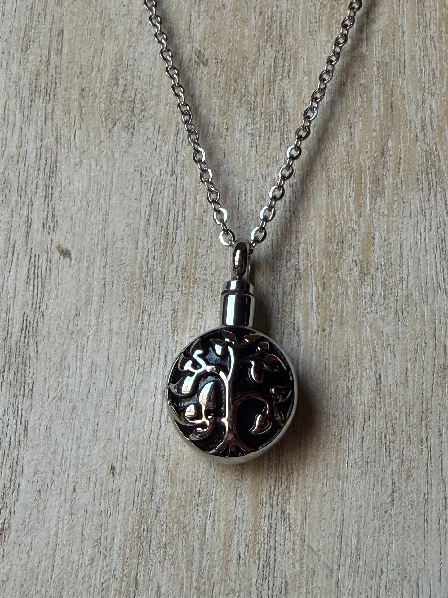 Black and Silver Family Tree Stainless Steel Memorial Urn Cremation Keepsake Crystal Necklace