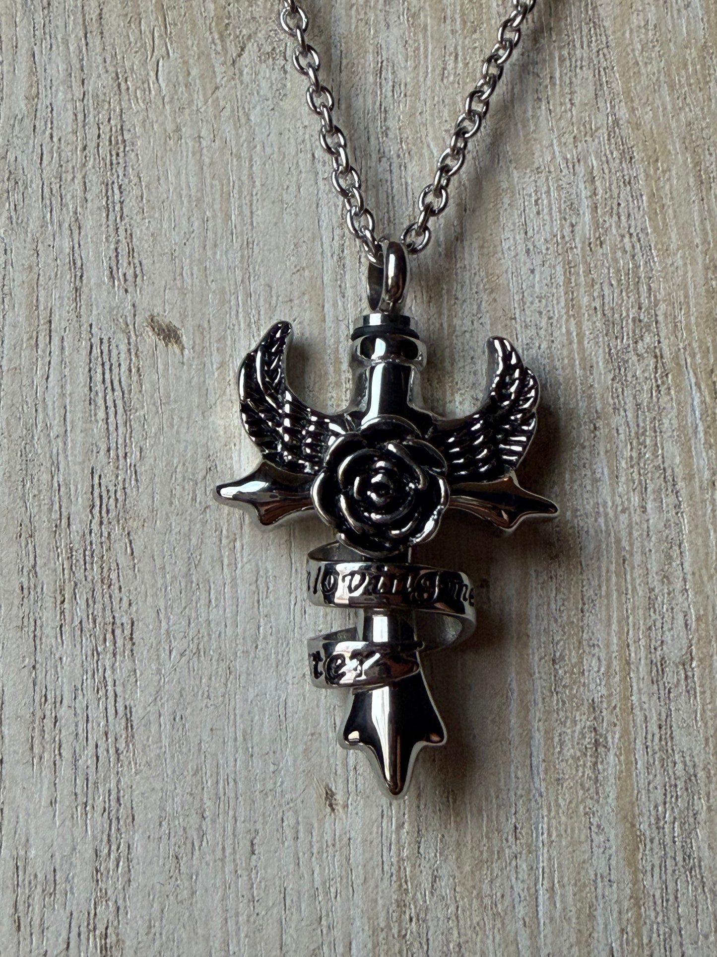 "In Loving Memory, Sister" Cross Wings Rose Stainless Steel Memorial Urn Cremation Keepsake Crystal Necklace