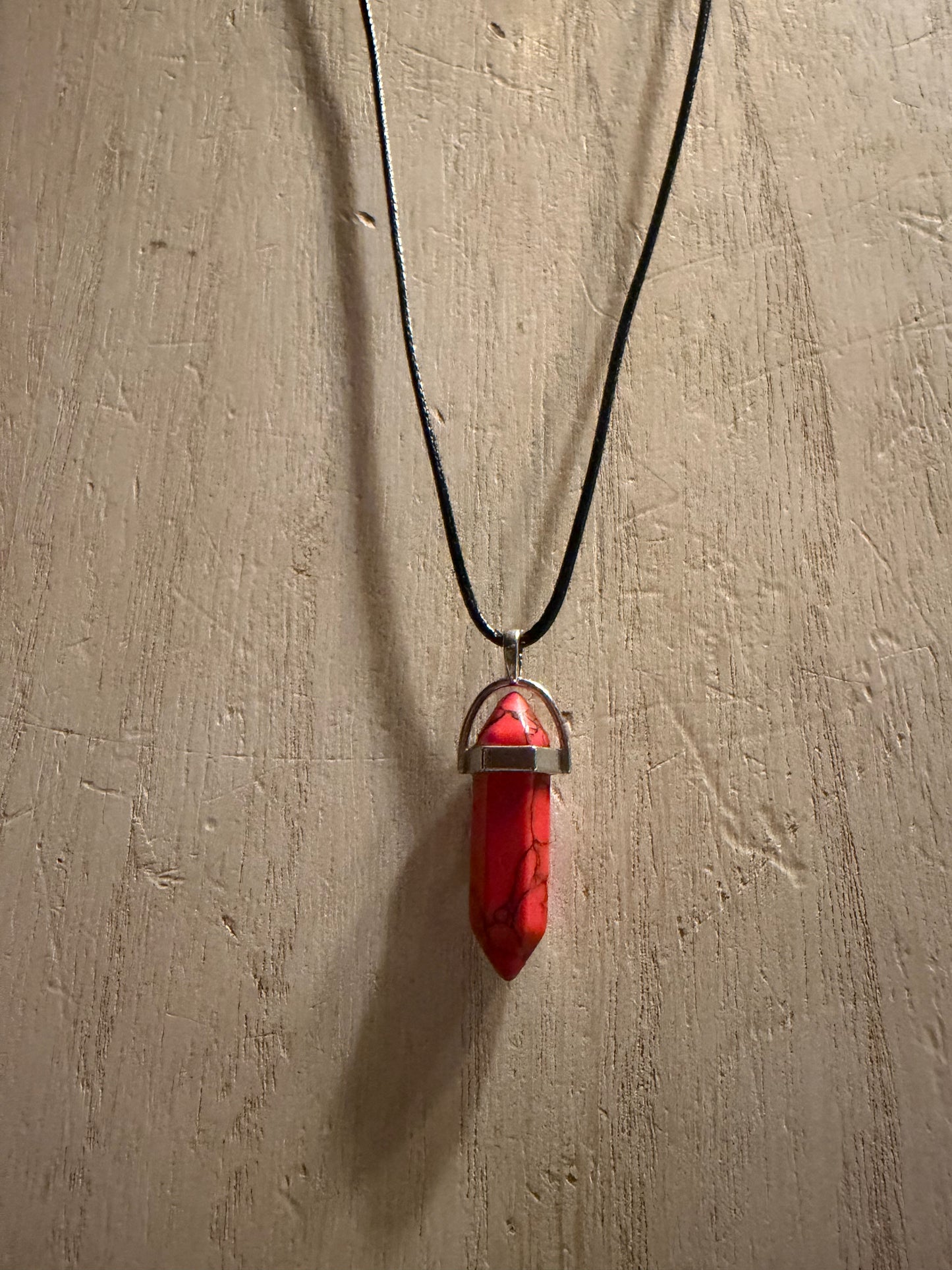 Red Howlite Crystal Point Pendant on Black Cord
