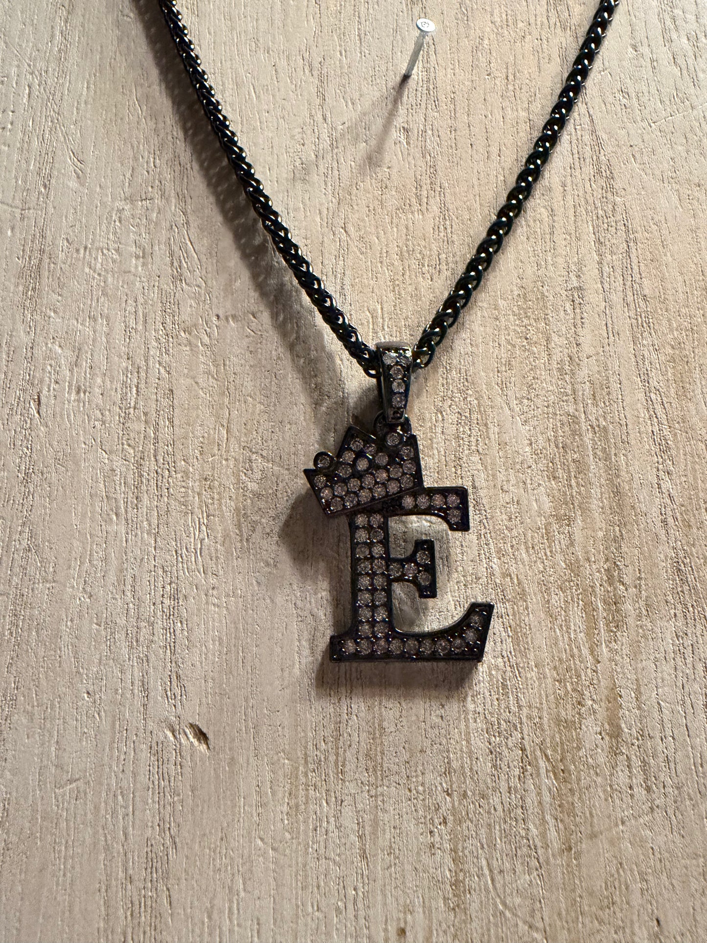 .316 Stainless Steel Black Rhinestone Initial "E" Crown Necklace