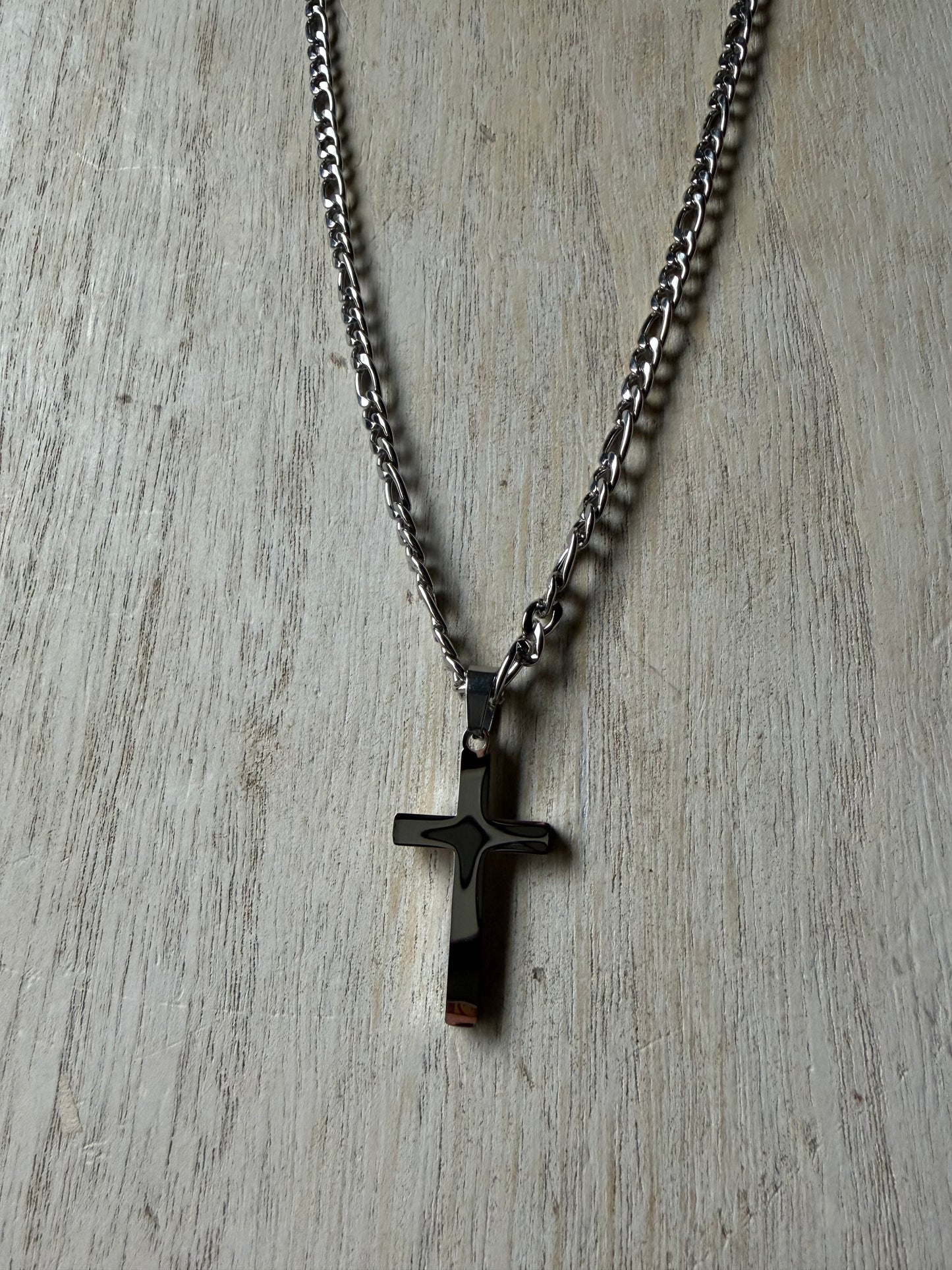Stainless Steel Figaro Chain Thick Cross Necklace