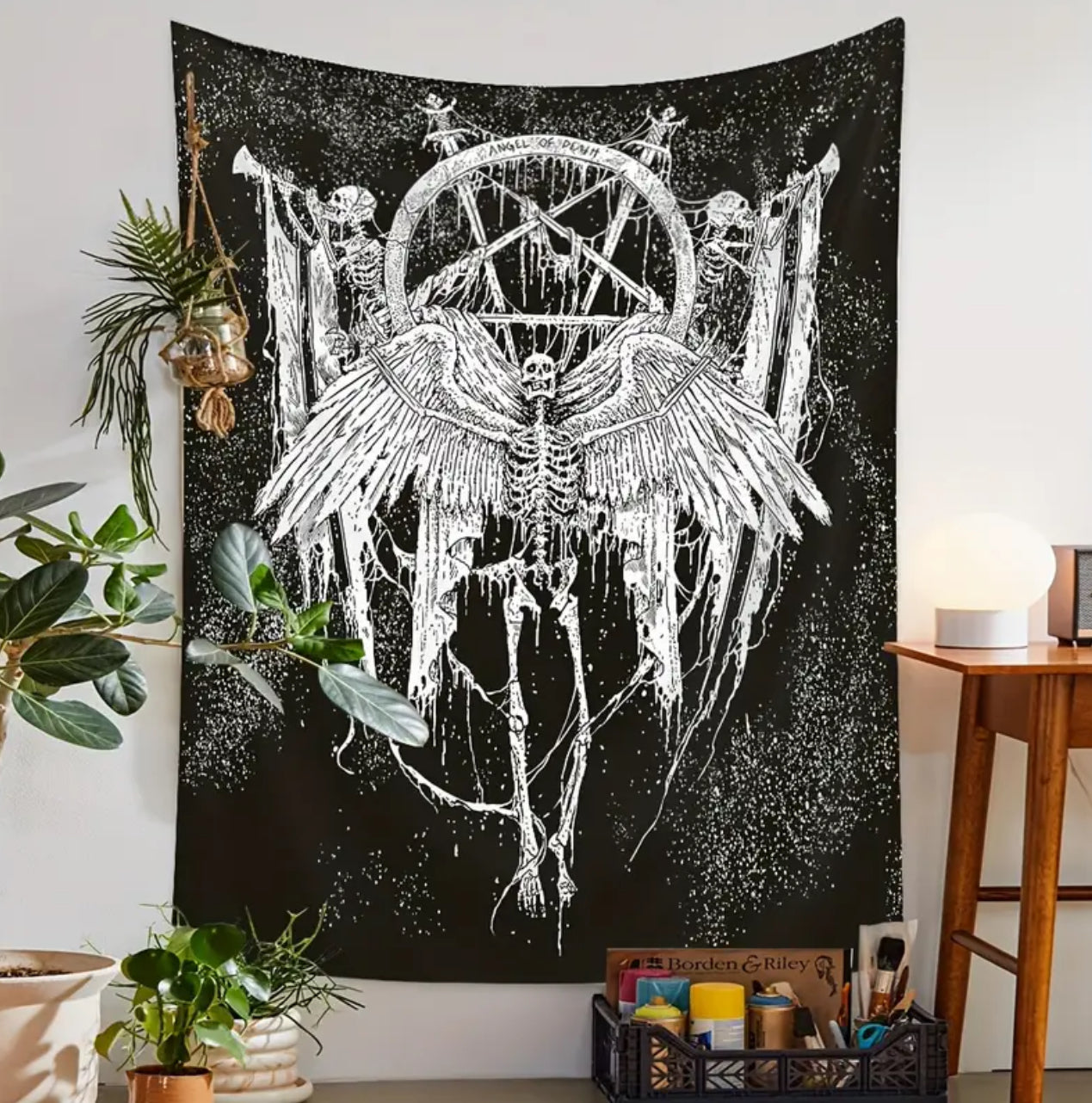 Black and White Skeleton Inverted Pentagram Tapestry — 28.7 x 37.4