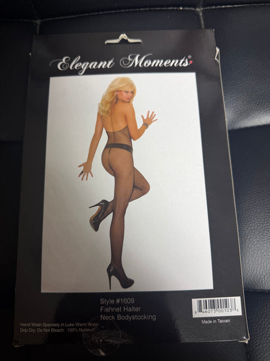 Elegant Moments- Fishnet Halter Neck Bodystocking- Black
