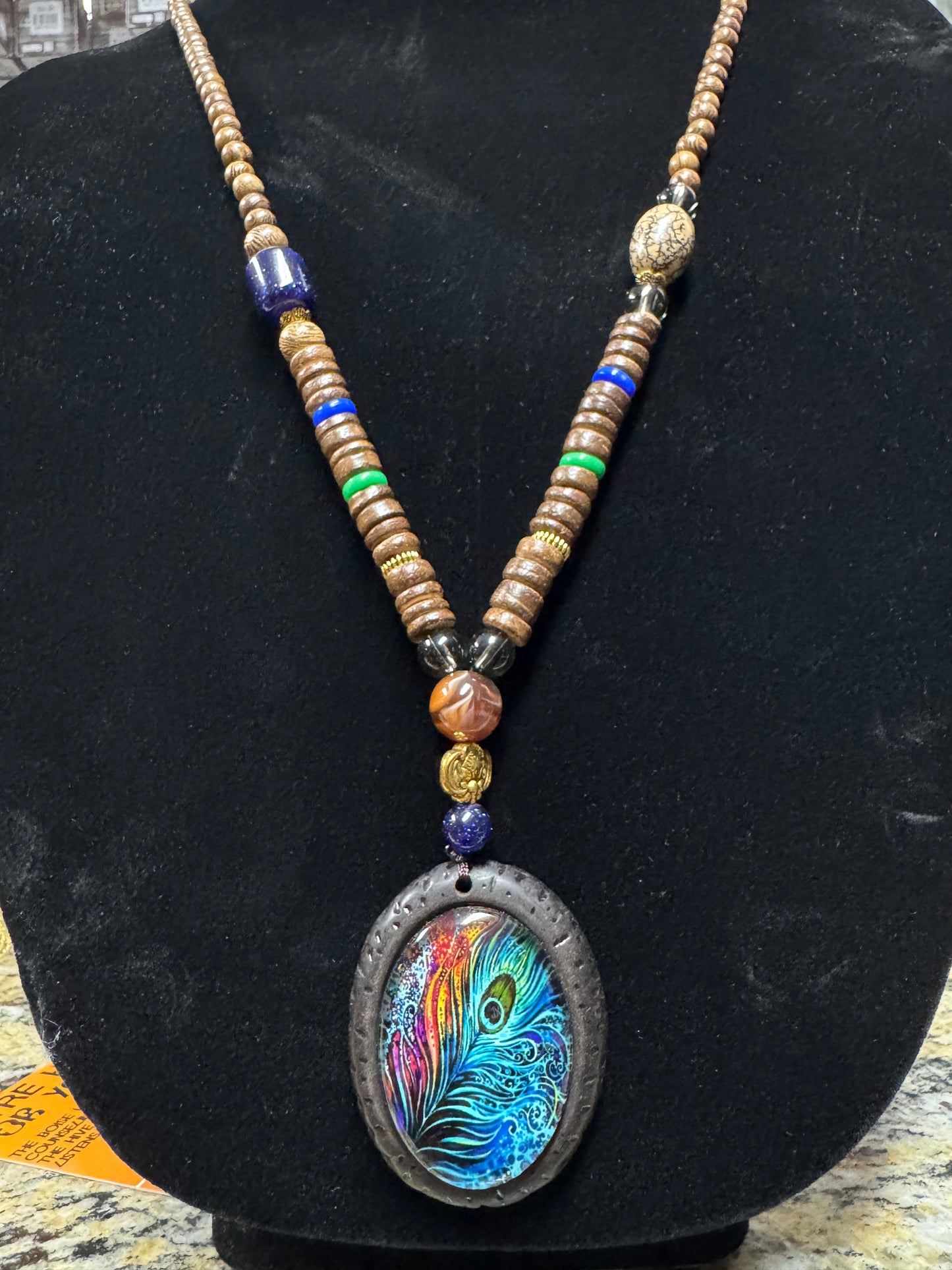 Art Deco Style Long Necklace- Unique Peacock Feather Piece