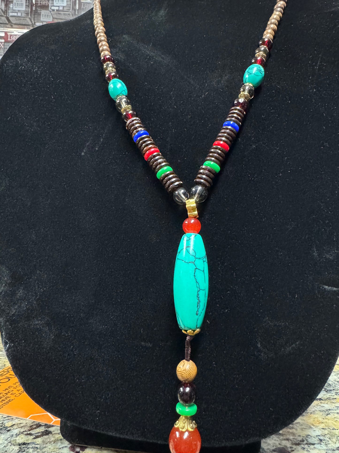 Art Deco Style Long Necklace- Unique Turquoise Piece