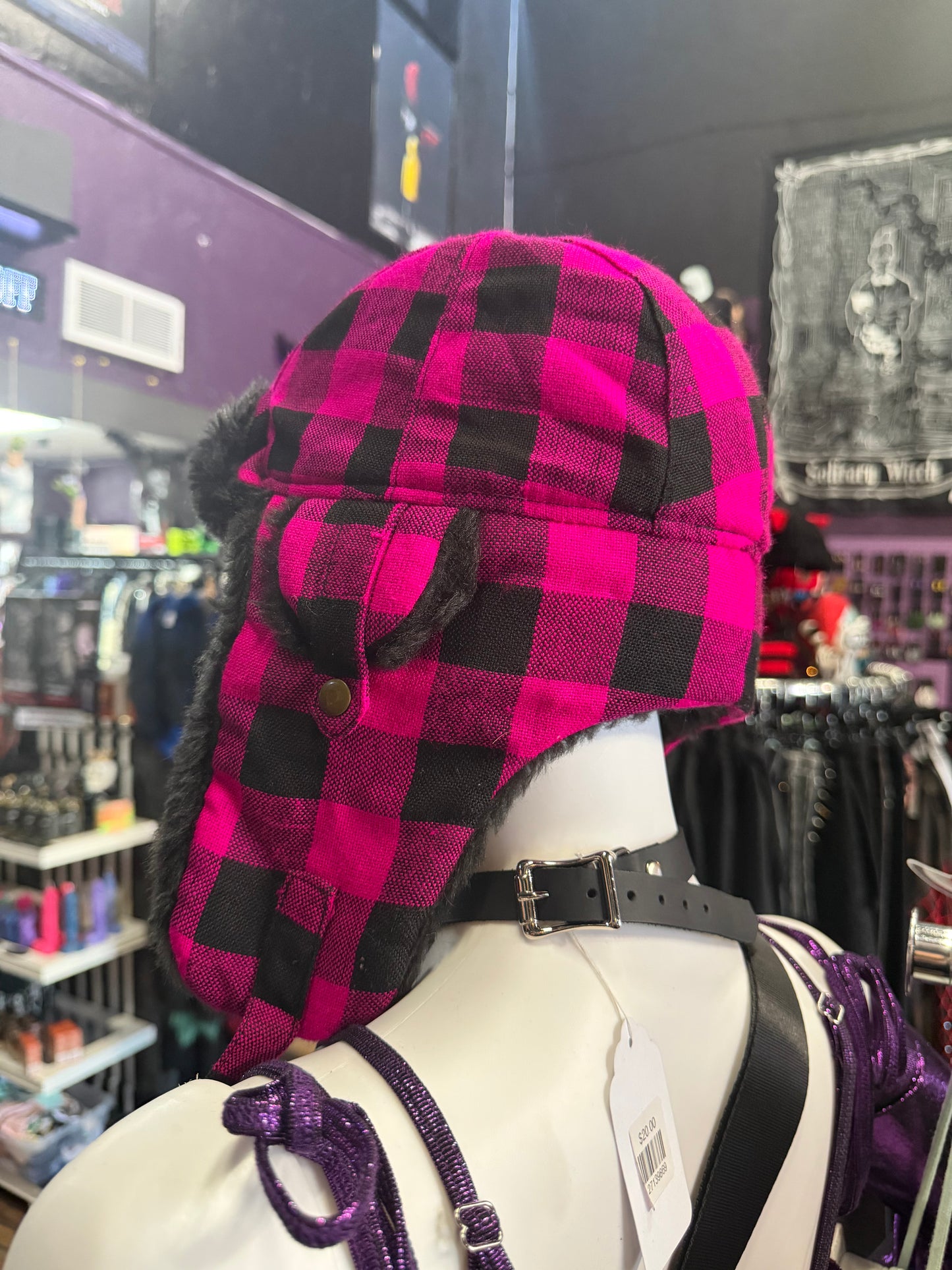 Hot Pink Buffalo Plaid Trapper Hat – Faux Fur Lined / Alt Wintercore