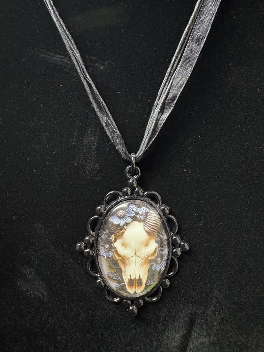 Framed Skull Cabochon Pendant Ribbon Necklace