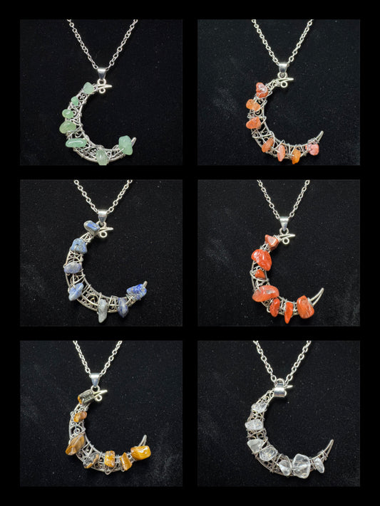 Natural Stone Chips Moon Necklaces- Multiple Stone Options