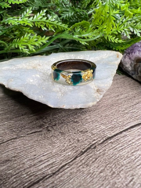 Handmade Wood Resin Rings- Green/Gold Flake