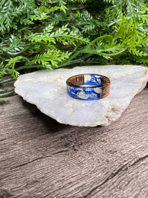 Handmade Wood Resin Rings- Blue/Silver Flake