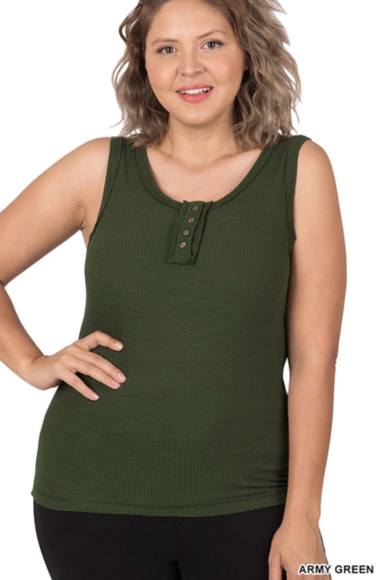 Army Green -Ribbed Tank Top- Button Detail- Raw Seam Accents