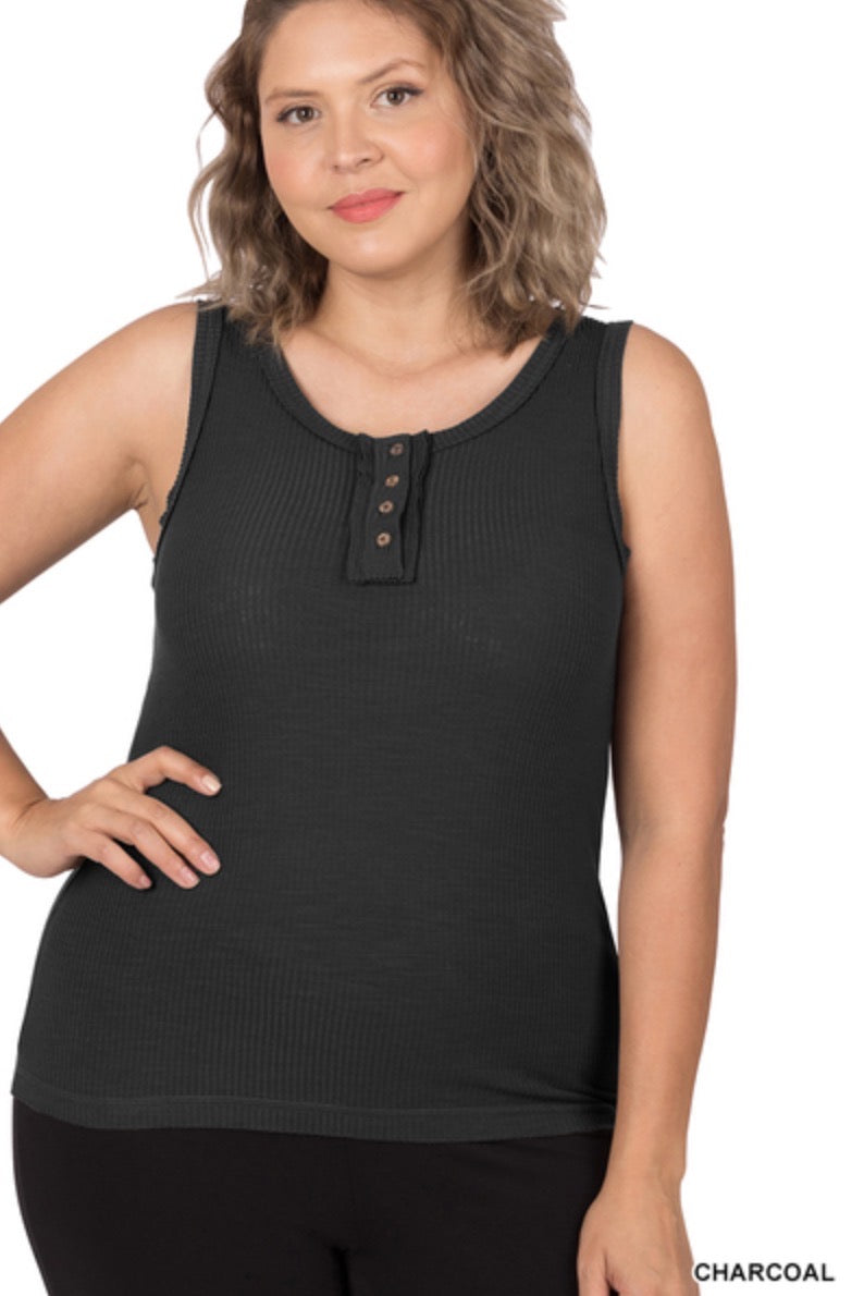 Charcoal -Ribbed Tank Top- Button Detail- Raw Seam Accents