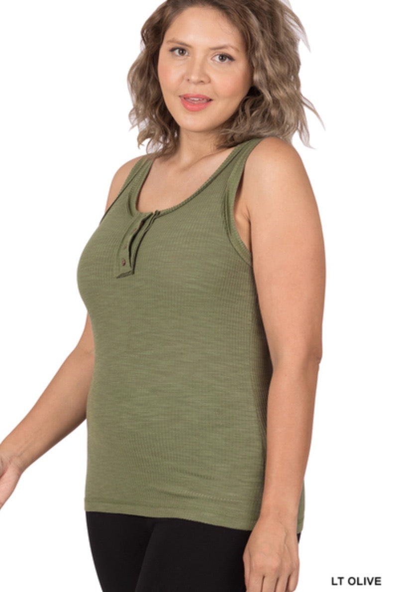 Light Olive -Ribbed Tank Top- Button Detail- Raw Seam Accents