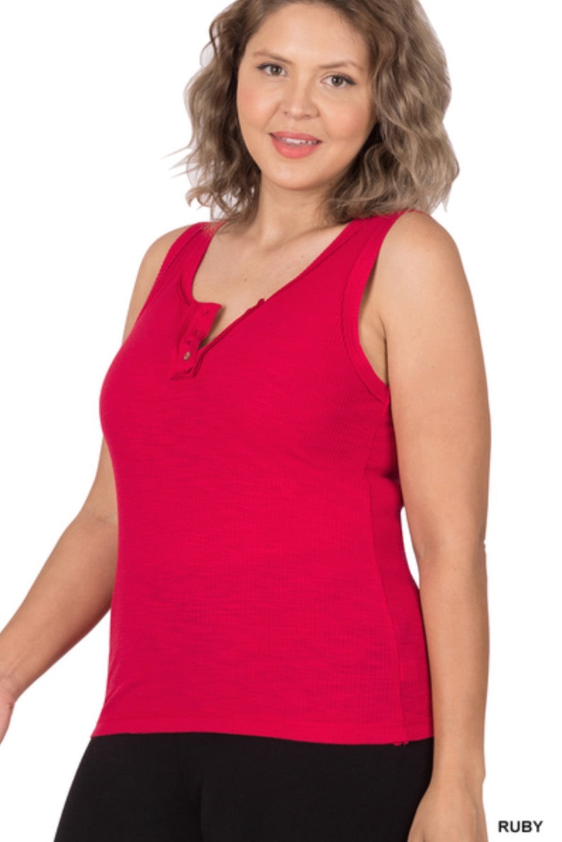 Ruby Red -Ribbed Tank Top- Button Detail- Raw Seam Accents