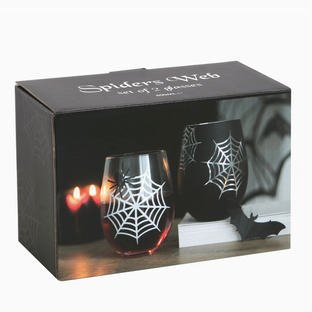 Set of 2 Gothic Spider and Web Stemless Wine Glasses — 17 ounce