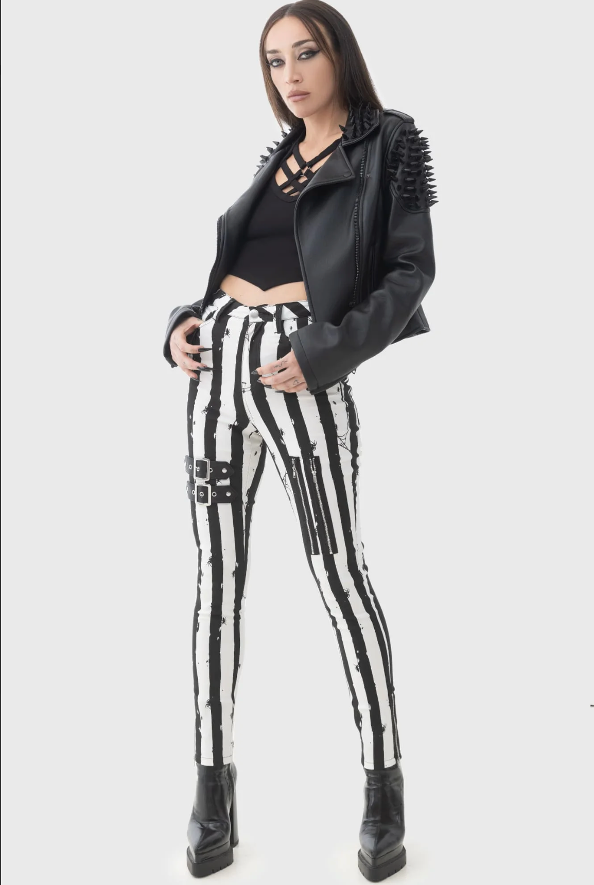 Warner Beetlejuice Distressed Stripe Skinny Trousers Goth With Glitter