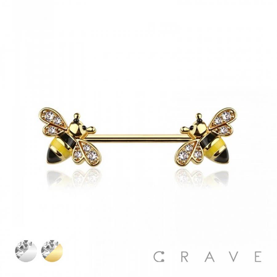 Gem-Paved Bumble Bee Nipple Rings – 14G Surgical Steel | Pair