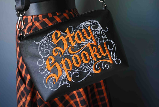 Black and Orange Stay Spooky Embroidered Small Crossbody Bag – Handmade, Vegan Leather, Gunmetal Hardware