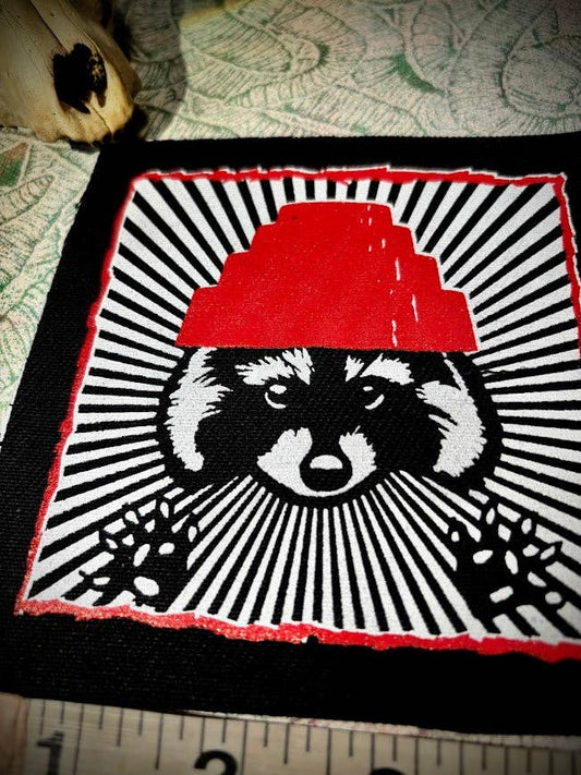 Are We not Trashy? Raccoon with a Devo hat patch.