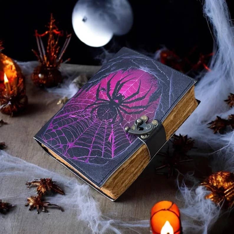 Grimoire vintage leather journal, spider Print Journal